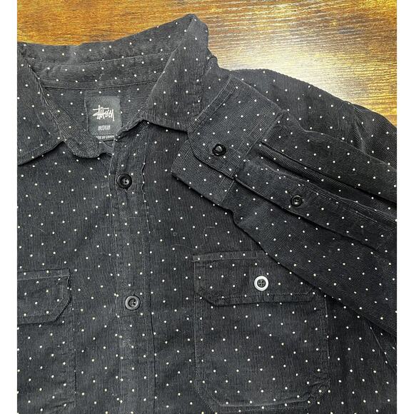 Stussy Shirt Mens Medium Black Polka Dot Corduroy Button Up Long Sleeve Casual - Picture 2 of 14